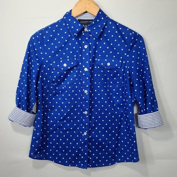JONES NEW YORK Petites Polka Dot Blouse Blue White - Picture 7 of 9
